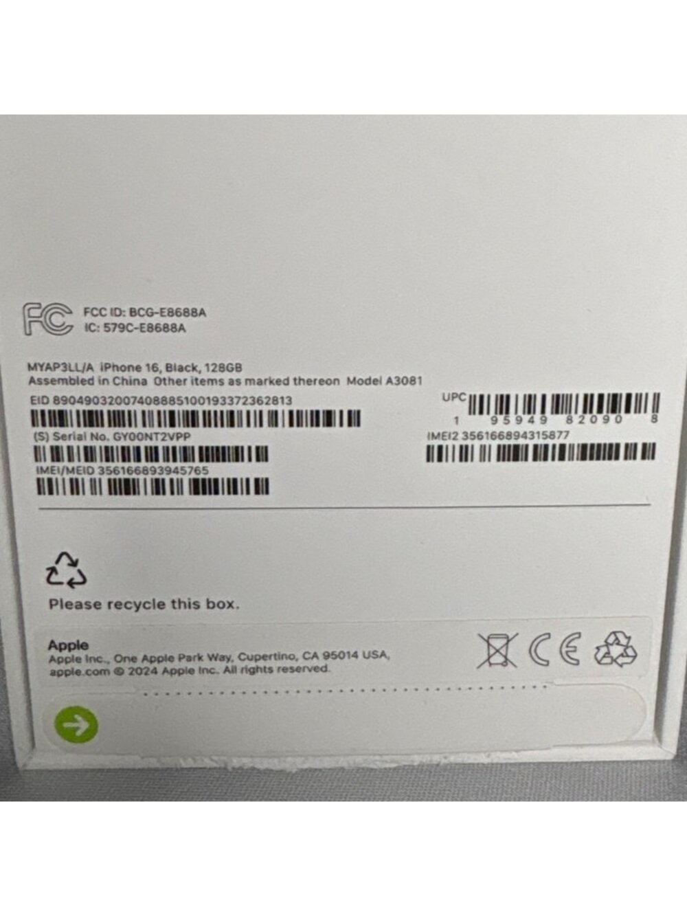 Apple iPhone 16 Black Empty Box Only  128GB Original Box Inserts Model A3081 - Picture 7 of 9